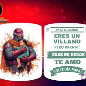 Taza de sublimación con villano blindado cibernético naranja sosteniendo a un bebé, y mensaje 'Eres mi Héroe Papá'