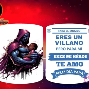 Taza de sublimación con villano encapuchado púrpura (similar a Black Panther) sosteniendo a un bebé, y mensaje 'Eres mi Héroe Papá'