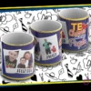 Maqueta de taza sublimada Día del Padre con diseño azul y morado, foto de padre e hijo, texto 'Feliz Día' y 'Te Quiero Mucho Papá' en estilo cómic.