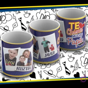 Maqueta de taza sublimada Día del Padre con diseño azul y morado, foto de padre e hijo, texto 'Feliz Día' y 'Te Quiero Mucho Papá' en estilo cómic.