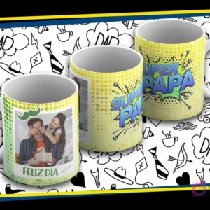 Maqueta de taza sublimada Día del Padre con diseño verde y lunares, foto de padre y hija, texto 'Feliz Día' y 'Super Papá' en burbuja cómic.
