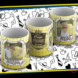 Maqueta de taza sublimada Día del Padre con diseño amarillo a cuadros, foto de padre e hijo, texto 'Feliz Día' y 'El Mejor Padre del Mundo'.