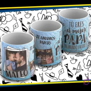 Maqueta de taza sublimada Día del Padre con diseño azul ondulado, foto de padre y bebé, texto 'Te Amamos Papito' y 'Tu Eres el Mejor Papá'.