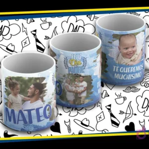 Maqueta de taza sublimada Día del Padre con diseño azul claro y nubes, foto de familia, texto 'Feliz Día del Padre' y 'Te Queremos Muchísimo'.