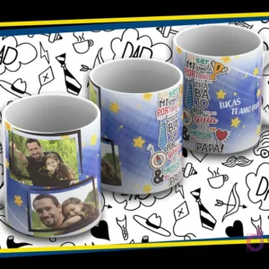 Maqueta de taza sublimada Día del Padre con diseño azul oscuro y estrellas, fotos de padre y hija, texto 'Mi Héroe' y 'Lucas Te Amo Papá'.