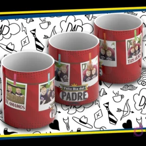 Maqueta de taza sublimada Día del Padre con diseño rojo y lunares, fotos de niños estilo polaroid con pinzas, texto 'Feliz Día del Padre' y 'Te Amamos'.