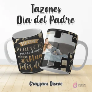 Plantilla para taza Día del Padre con diseño 'No eres PERFECTO pero si el mejor de este Mundo' en letras doradas y espacio para foto de padre e hijo en sofá.
