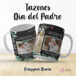 Plantilla de taza Día del Padre con texto 'TE AMO PAPA' y 'Gracias por ser el mejor PAPA', incluyendo dos fotos de padre e hijo con motivos de hojas.