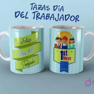 Diseño de taza del Día del Trabajador con cinta 'Feliz Día' y escudo con '1er Mayo' y avatares de profesionales.
