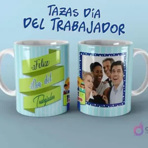 Diseño de taza personalizable para el Día del Trabajador con espacio para foto de equipo y mensaje 'Feliz Día'.
