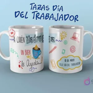 Plantilla de taza Día del Trabajador con diseño 'A quien madruga, un buen café le ayuda' y doodles de oficina.