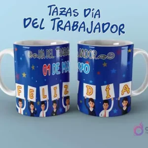 Diseño de taza Día del Trabajador con figuras animadas sosteniendo 'Feliz Día 01 de Mayo' sobre fondo azul estrellado.