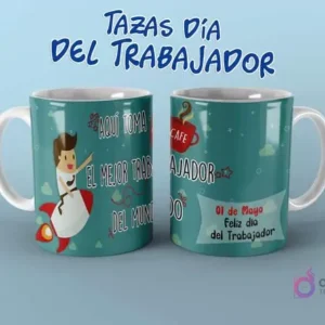Diseño de taza del Día del Trabajador con 'Aquí toma el mejor trabajador del mundo' y personaje en cohete.