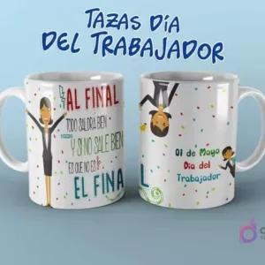 Plantilla de taza Día del Trabajador con mensaje motivacional 'Al final todo saldrá bien' y mujer profesional.