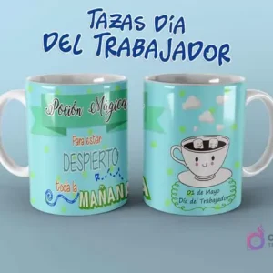 Diseño de taza Día del Trabajador con 'Poción Mágica para estar despierto' y adorable taza de café animada.