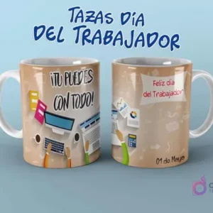 Plantilla de taza Día del Trabajador con mensaje '¡Tú puedes con todo!' y elementos de oficina.