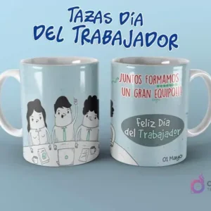 Diseño de taza Día del Trabajador con 'Juntos formamos un gran equipo' y caricaturas de colegas.