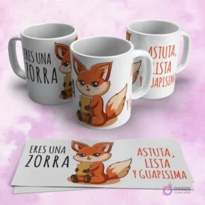 Tres tazas blancas con un adorable zorro caricaturesco sosteniendo un libro y las frases 