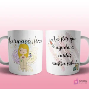 Mug mockup con diseño de farmacéutica caricaturizada de cabello oscuro con bata de laboratorio, sosteniendo un frasco de pastillas, sobre fondo abstracto violeta y dorado con brillos y frase 'La flor que ayuda a cuidar nuestra salud'.