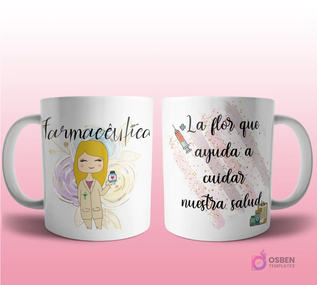 Mug mockup con diseño de farmacéutica caricaturizada de cabello oscuro con bata de laboratorio, sosteniendo un frasco de pastillas, sobre fondo abstracto violeta y dorado con brillos y frase 'La flor que ayuda a cuidar nuestra salud'. Mug mockup con diseño de farmacéutica caricaturizada de cabello oscuro con bata de laboratorio, sosteniendo un frasco de pastillas, sobre fondo abstracto violeta y dorado con brillos y frase 'La flor que ayuda a cuidar nuestra salud'.