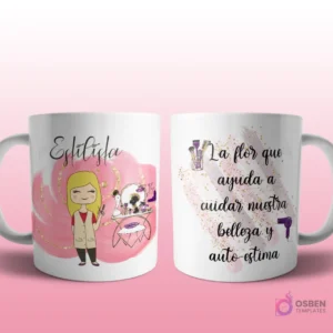 Mug mockup con diseño de farmacéutica caricaturizada de cabello rubio con bata de laboratorio, sosteniendo un frasco de pastillas, sobre fondo abstracto violeta y dorado con brillos y frase 'La flor que ayuda a cuidar nuestra salud'.