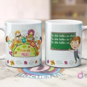 Mug sublimado con diseño infantil de 'Feliz día Profe' y otro con profesor señalando pizarra con 'No debo hablar en clases'.