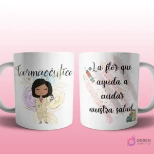 Mug mockup con diseño de profesional de finanzas caricaturizada de cabello oscuro con traje, sosteniendo un signo de dólar, sobre fondo abstracto azul con brillos y frase 'La flor que hace que tu jardín se beneficie con amor'.