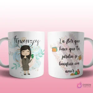 Mug mockup con diseño de fisioterapeuta caricaturizada de cabello oscuro con bata de laboratorio, sosteniendo un libro, sobre fondo de flor de loto rosa con brillos y frase 'La flor que ayuda a cuidar nuestro cuerpo'.