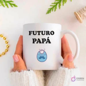 Plantilla de sublimación para taza 'Futuro Papá' con diseño de babero de bebé azul y bigote