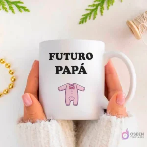 Plantilla de sublimación para taza 'Futuro Papá' con diseño de mameluco de bebé rosa