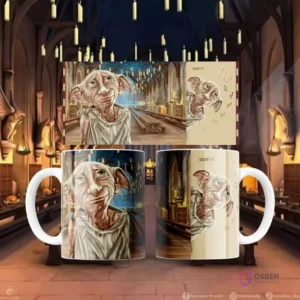 Plantilla de sublimación para taza con diseño del elfo Dobby en el Gran Comedor de Hogwarts, frente y perfil.