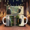 Plantilla de sublimación para taza con diseño de Harry Potter en el campo de Quidditch, frente y perfil.