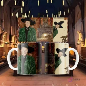 Plantilla de sublimación para taza con diseño de Minerva McGonagall en su oficina de Hogwarts, frente y perfil.