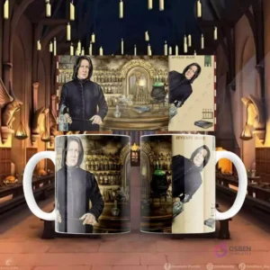 Plantilla de sublimación para taza con diseño de Severus Snape en el aula de pociones de Hogwarts, frente y perfil.