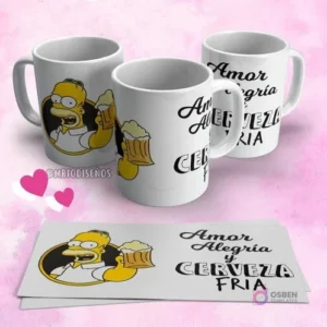 Tres tazas sublimadas con diseño de Homero Simpson bebiendo cerveza y frase 'Amor Alegría y Cerveza Fría', junto a las plantillas en papel.