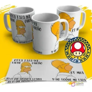 Tazas sublimadas con Homero Simpson enojado y frase 'Esta taza ya tiene dueño y no toque mi taza', con el logo de Mario Kart.