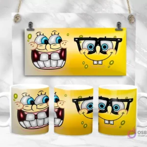 Diseño de plantilla de taza 3D de Bob Esponja con dos expresiones faciales divertidas, fondo amarillo, vista plana y en taza.