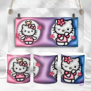 Diseño de plantilla de taza 3D de Hello Kitty de Sanrio en poses adorables con fondo degradado rosa y azul y flores, vista plana y en taza.