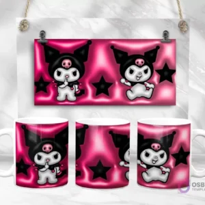 Diseño de plantilla de taza 3D de Kuromi de Sanrio en poses diversas con fondo rosa brillante y estrellas negras, vista plana y en taza.