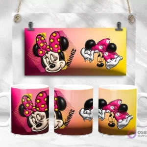 Diseño de plantilla de taza 3D de Minnie Mouse con fondo degradado rosa y amarillo, mostrando su rostro y manos, vista plana y en taza.