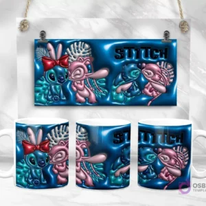 Diseño de plantilla de taza 3D de Stitch y Angel con fondo azul vibrante y hojas tropicales, mostrando vista plana y en taza.
