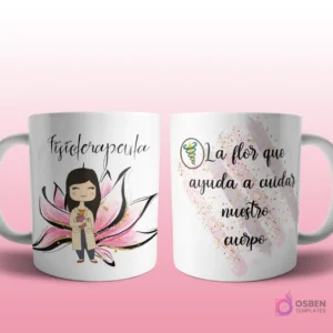 Mug mockup con diseño de ingeniera civil caricaturizada de cabello oscuro con casco y planos, sobre fondo de flor rosa con brillos y frase 'La flor que planea y proyecta nuestros sueños'.