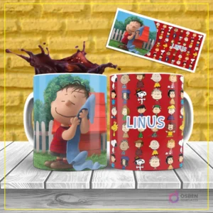 Diseño de sublimación para taza del personaje Linus de Peanuts, abrazando su manta de seguridad, con un patrón de personajes de fondo rojo.
