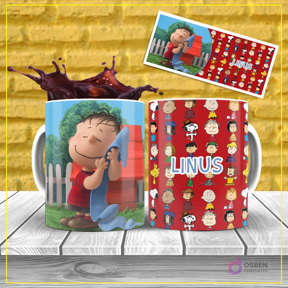 Diseño de sublimación para taza del personaje Linus de Peanuts, abrazando su manta de seguridad, con un patrón de personajes de fondo rojo. Diseño de sublimación para taza del personaje Linus de Peanuts, abrazando su manta de seguridad, con un patrón de personajes de fondo rojo.