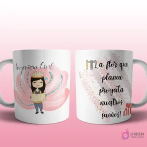 Mug mockup con diseño de manicurista caricaturizada de cabello rubio con chaleco beige, sobre fondo de flor rosa con brillos y frase 'La flor que ayuda a cuidar de nuestra belleza'.