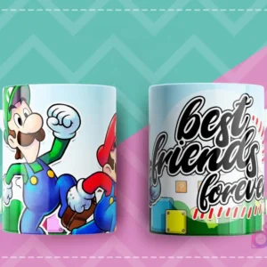 Taza sublimada con Mario y Luigi, y la frase 'Best friends forever' para amistad.