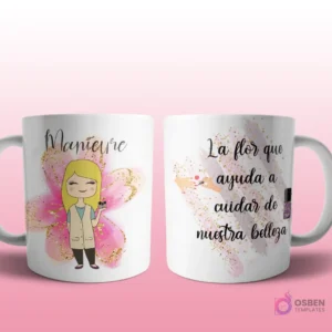 Mug mockup con diseño de doctora caricaturizada de cabello rubio con bata de laboratorio y jeringa, sobre fondo de flor morada con brillos y frase 'La flor que cuida nuestro bien más importante. La vida!', con íconos médicos.