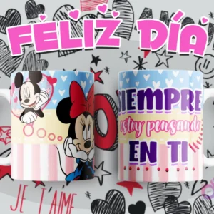 Tazas sublimadas con Mickey y Minnie Mouse, mensaje romántico 'Siempre estoy pensando en ti'.