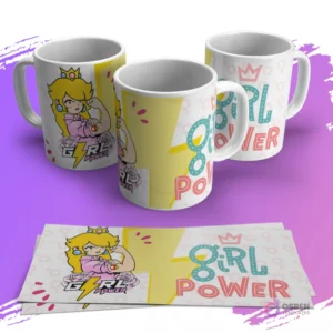 Tres tazas blancas sublimadas con diseño de la Princesa Peach estilo caricatura y texto 'Girl Power', junto a dos plantillas planas del mismo diseño
