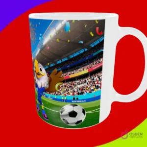 Taza sublimada con la mascota águila en un estadio con balón de fútbol y confeti, Mundial 2026